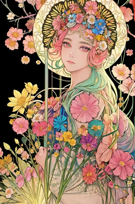 (art nouveau:1.25), Maximalism artstyle,neon theme,suprematism,beautiful detailed flower, beautiful detailed eyes,hyper detailed,flower,hyper quality,,eyes,flower and hair is same color,beautifuly color,face,her hair is becoming flower, flower,hair,flower,...