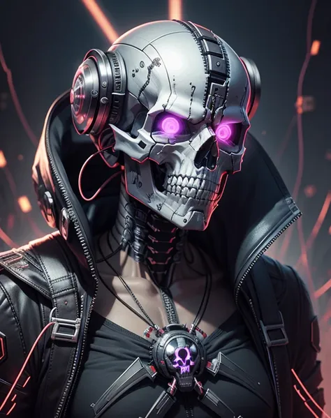 skull mask, cyborg, skull, teeth, wires, cables, masterpiece, best quality