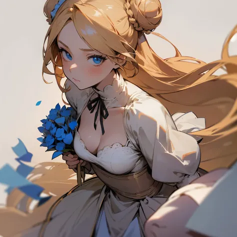 "Stunningly detailed anime sketch of a solo ((toned)) a big chested woman with long blonde hair is tied up nicely in a bun, and her skin is soft and pale that matches her blue eyes. She is dressed in a simple yet elegant dress and is holding a small bouque...