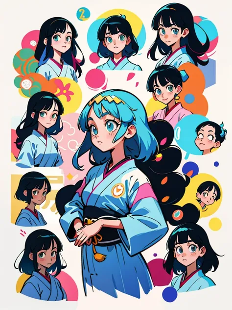 um desenho，A girl with many different expressions on her face,Expressions portray details，Super fine Japanese illustrator, illustration style, estilo de arte encantador, full-colour illustration, Digital anime illustration, colorful illustrations, arte det...