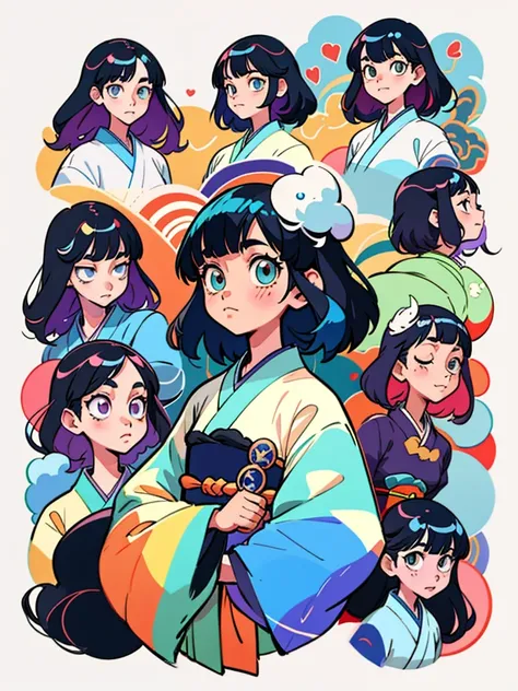 um desenho，A girl with many different expressions on her face,Expressions portray details，Super fine Japanese illustrator, illustration style, estilo de arte encantador, full-colour illustration, Digital anime illustration, colorful illustrations, arte det...