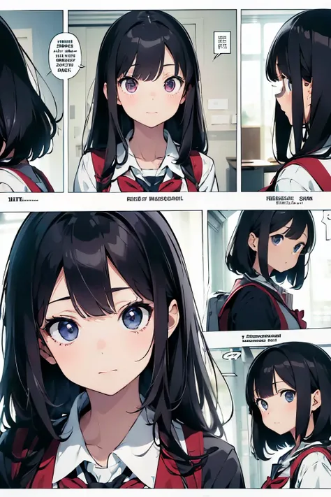 (8k), ((masterpiece)), best quality, expressive eyes, perfect face, ((four manga panels)) in panel 1girl in school uniform and black hair with blunt bangs, (((dialogue bubbles))), ((dynamic use of space in manga))