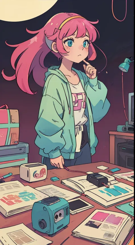 girl with、(lofi), Analog Color Theme, Long hair gradient、Lo-Fi Hip Hop , Flat, 2.5D ,line-drawing, Ink drawing, Large gradients, watercolor paiting, Goosch color, Studio Ghibli style, Awesome colorful, Outturn, Synth Wave, lofi art,90s style,Old textures, ...