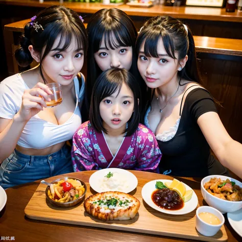 Best-quality, Masterpiece, Ultra-High-Resolution, (Photorealistic:1.4), Raw-Photo, Extremely-Details, Perfect-Anatomy, 

(((at Japanese pub, from above, photo of 3girls having a lot of fun at drinking party))), 

(((All members of the most popular Japanese...