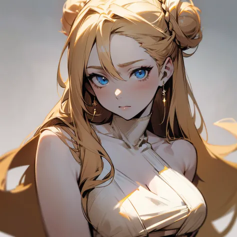 "Stunningly detailed anime sketch of a solo ((toned)) a big chested woman with long blonde hair is tied up nicely in a bun, and her skin is soft and pale that matches her blue eyes. She is naked.