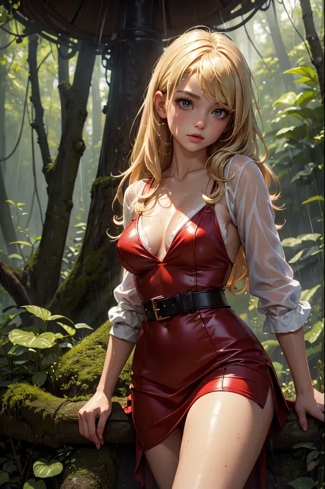 (masterpiece), (best quality), (detailed), light layer, 1solo girl, young girl in the forest in the rain, sexy red colonial dress, perfect body, blonde hair, defined chest, defined collarbone, ultra realistic, photorealistic, detailed, wet clothes, wet_hai...