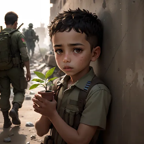 Palestinian child with a little plant in his hands in the middle of a war scenario