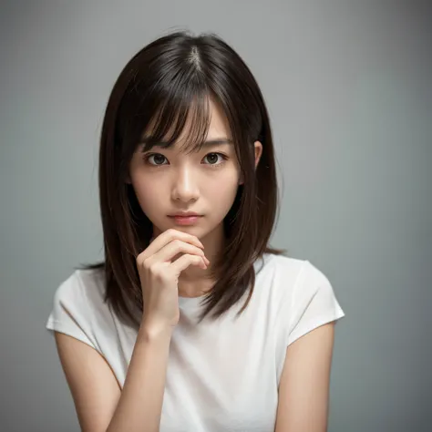 A puzzled woman standing in a questioning pose, looking perplexed. She’s wearing casual clothing and has a thoughtful expression, with her hand on her chin and a slight frown. The background is a simple, soft color to not distract from the main subject. Th...