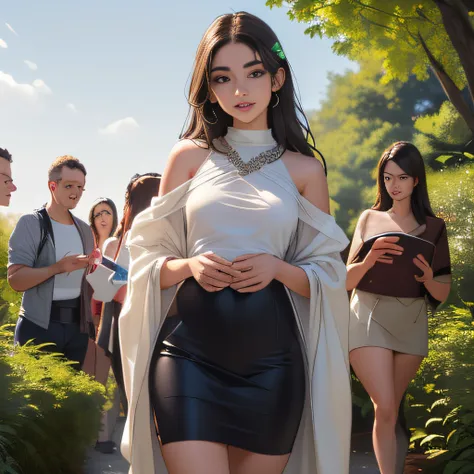 (Extremely detailed 8k wallpaper:2), (photo:2), (soigne Beautiful girl:2), (gives a lecture to friends:2), detailed (Face and eyes), (hyper realistic:1), (highly detailed:1), (epic realistic:1), rim light, (maximum details:1), cozy, (fullbody:1.3), (lookin...