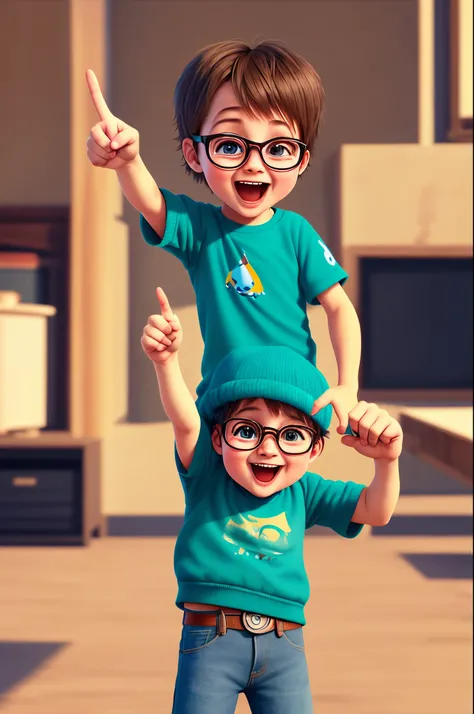 A child with glasses pointing the finger at him laughing in pixar style