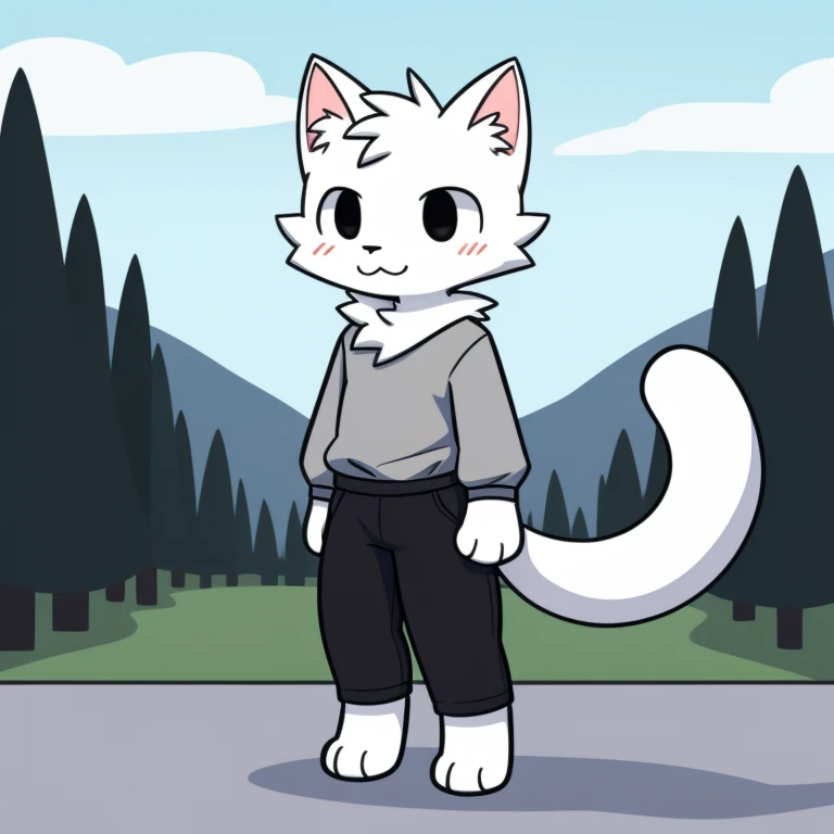 white cat illustration, very fluffy fur、male、light grey shirt、Black eyes、Long black pants、Physical Normality、age14、Heavy cartoony eyes、long-sleeve、Waist-length clothing、doodle, outside background, neck fluff, white cat tail, paws