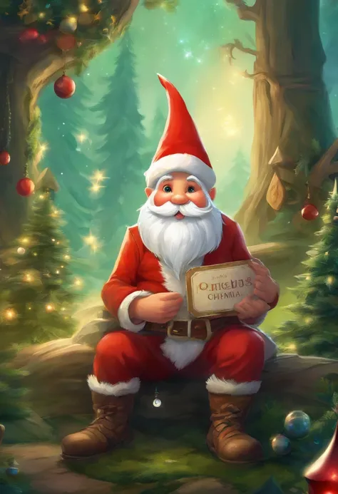 A cartoon Santas gnome, (best quality, highres, ultra-detailed) with realistic features, vibrant colors, and bokeh effects. The gnome has a long white beard, a pointy red hat with a white pompom, and big, expressive eyes. It is wearing a green jacket with ...