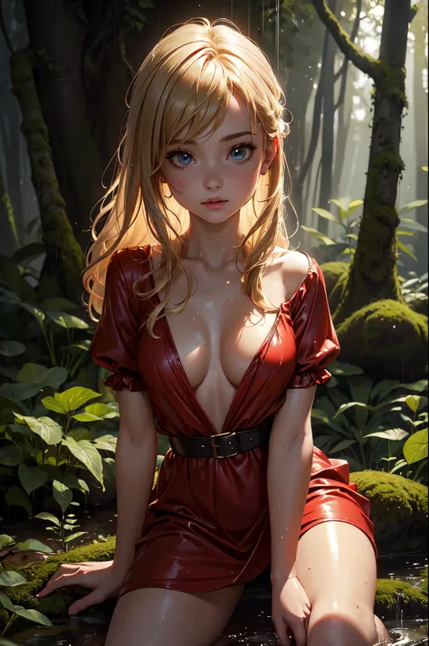 (masterpiece), (best quality), (detailed), light layer, 1solo girl, young girl in the forest in the rain, sexy red colonial dress, perfect body, blonde hair, defined chest, defined collarbone, ultra realistic, photorealistic, detailed, wet clothes, wet_hai...