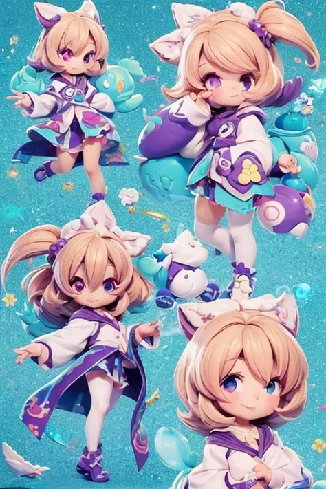 (Same character, front, side, back), (full body); 3d; cute; 3d toy art; toy art; anime style; glitter; horoscope sign Aquarius; Water Bearer details; ♒ symbol