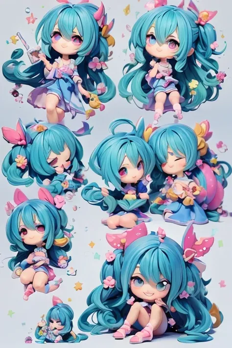 (Same character, front, side, back), (full body); 3d; cute; 3d toy art; toy art; anime style; glitter; horoscope sign Aquarius; Water Bearer details; ♒ symbol