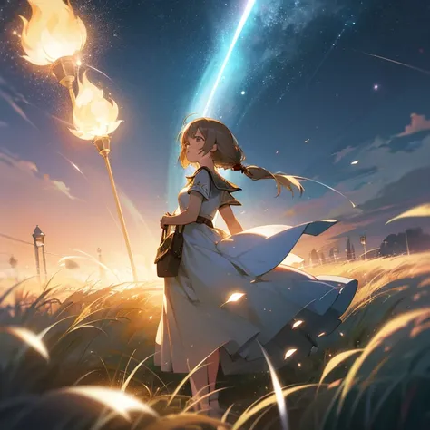 animesque　Fantastical　starrysky　Chestnut haired girl in a white dress　retro street lamp　grass field　sacred place　Particles of light