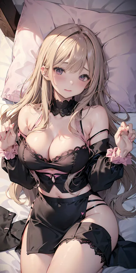 Adult Woman, Sexy Witch Cosplay, Long dark blonde wavy hair、off-shoulder knit, (Black Pencil Mini Skirt),、Medium milk, Blushing, Shy laughter, Bare shoulders、、sexy pink and black lace bra、((pink and black lace panties))、sexy  pose、((embarassed expression))...