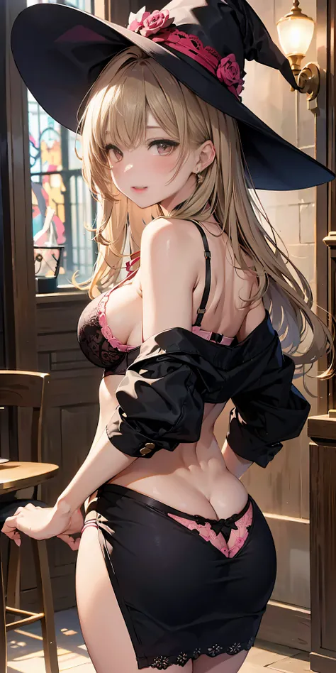 Adult Woman, Sexy Witch Cosplay, Long dark blonde wavy hair、off-shoulder knit, (Black Mini Pencil Skirt), Big hat、Medium milk, Blushing, Shy laughter, Bare shoulders、(Pose to lean forward and emphasize the chest)、(turned around)、sexy hips、sexy black and pi...