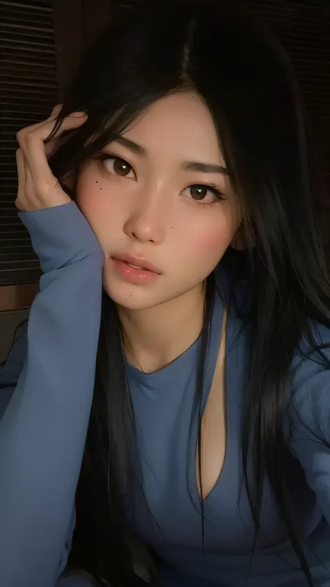 Arafed asian woman with long black hair and a blue shirt, Anime Menina Tailandesa, young cute wan asian face, Beautiful Asian girl, 18 anos, 19-year-old girl, south east asian with round face, menina coreana, ela tem um rosto bonito, menina bonito-fino-car...