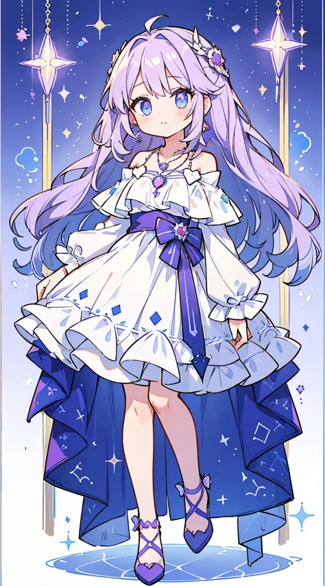 1 girl in, ((full bodyesbian、Standing picture)), Beautiful girl Light purple to light blue gradation Natural perm Long hair Fluffy hair Light blue eyes Light purple off-the-shoulder dress Earrings with purple jewels、Cute necklace riding on a cloud , high-l...