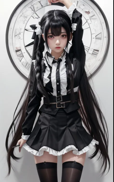 girl with long black hair and a black jacket, gothic maid girl, yandere intricate, twintail, yandere, stocking, tall, gapmoe yandere grimdark, moe artsty, masterpiece, High quality,vivd colour,flat-colors,Deep Depth Of Field,Lens Flare,1 girl,Black hair,ey...