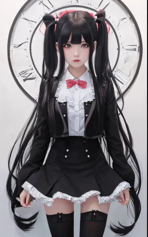 girl with long black hair and a black jacket, gothic maid girl, yandere intricate, twintail, yandere, stocking, tall, gapmoe yandere grimdark, moe artsty, masterpiece, High quality,vivd colour,flat-colors,Deep Depth Of Field,Lens Flare,1 girl,Black hair,ey...