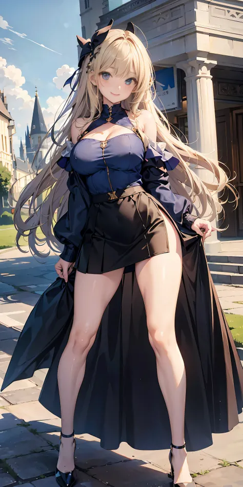 Adult Woman, Long dark blonde wavy hair、off-shoulder knit, Puffy nipple、(dark blue long one-piece dress), jaket、Medium milk, cute smile face、Bare shoulders、(Pose to lean forward and emphasize the chest)、(turned around)、sexy hips、Black High Heels、Church of ...