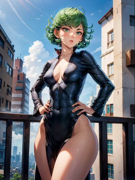 1girl, short green hair, green eyes, ((black dress, standing, hands on hips, modeling, tsundere, looking away, in a balcony,)), curvy figure, overlooking city, blush, day 

BREAK 

(((Masterpiece))), ((Highly detailed character)), ((perfect eyes)), ((perfe...