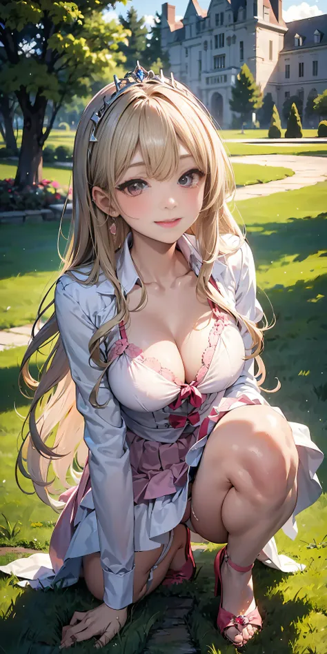 Adult Woman, Long dark blonde wavy hair、White and pink dress, Puffy nipple、(Long flared skirt)、garter stocking、beautiful tiara、耳Nipple Ring、Medium milk, cute smile face、(Pose to lean forward and emphasize the chest)、(turned around)、sexy hips、high-heels、a c...