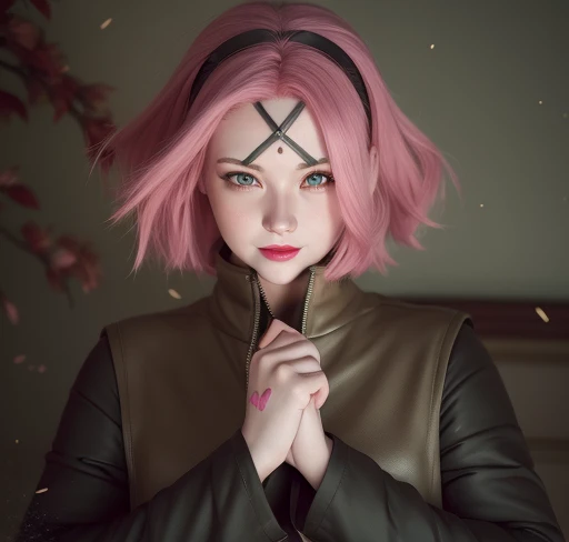 young woman, porcelain skin, short bubblegum pink hair, big red lips, big green eyes, pink eyebrows, smile, perfect teeth, looking at camera, Sakura Haruno, 3d