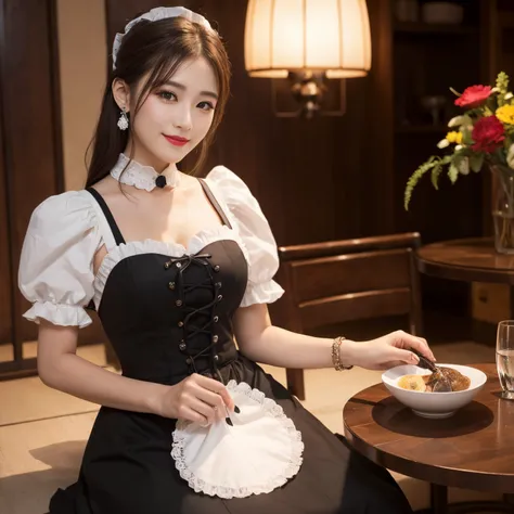 ((top-quality、masutepiece、8K、Top image quality、Very complex and detailed details))、1 maid、Gorgeous Victorian Maid Dresses, Huge Maid Dresses,Black and white maid dresses,Maid dresses with ruffles,Gorgeous Maid Dresses,Maid outfit with big apron,Big Dressma...