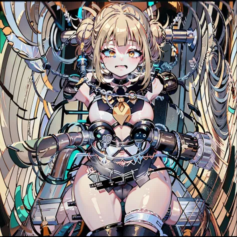 toga tied to a chair in a basement, blonde hair, restraint, bdsm, restrained legs, restrained arms, bound, bound to chair, rope, tied with ropes, sailor clothes, black skirt, medium breasts, Himiko Toga, smile, beautiful body, beautiful face, ultra detaile...