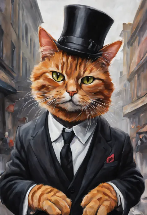 A painting of a Garfield cat wearing a black hat and scarf，Popular at art stations，Wearing a black suit，Detailed hyper-realistic rendering，British gang members，Street style，intimidating pose，planet of cats，Stylish clothes，urbansamurai，Mewtwo，West Slavic fe...