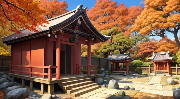 detailed, 2.5D, flat-colors, line-art,
Japanese shrine, 
roof tiles, wood, stone,
daytime,
autumn leaves,