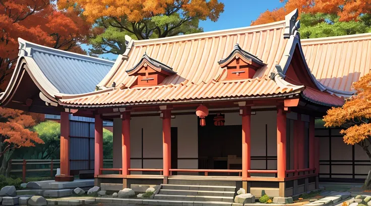 detailed, 2.5D, flat-colors, line-art,
Japanese shrine, 
roof tiles, wood, stone,
daytime,
autumn leaves,