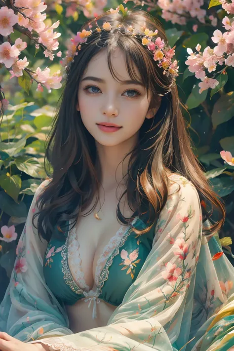 (highres,vibrant colors,photorealistic:1.2),1girl,beautiful detailed eyes,beautiful detailed lips,garden with vibrant flowers,lush greenery,soft sunlight,serene atmosphere,carefully crafted details,variety of colorful blooms,delicate petals,dewdrops on lea...