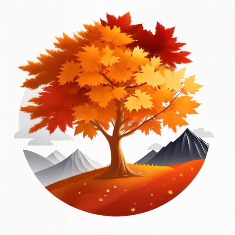 Maple tree in autumn landscape, golden mountain, fallen leaves, t-shirt design, rzminjourney, vector art, circular silhouette, white background, (cinnamon theme color:1.2), (hex color #D2691E)