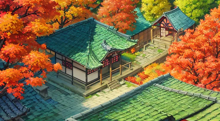 detailed, 2.5D, flat-colors, line-art,
Japanese shrine, 
roof tiles, wood, stone,
daytime,
autumn leaves,