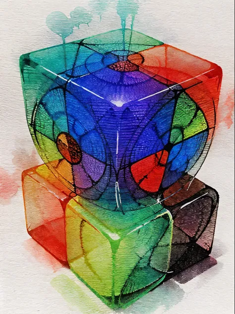 watercolor painting, Digitale Kunst, von IrinaKapi. neonleuchtendes paradoxes Psychedelikum, magische multiversale Verzerrungen, optical illusion, swirling Hypercubes, Meisterwerk, sexy, lustfull,