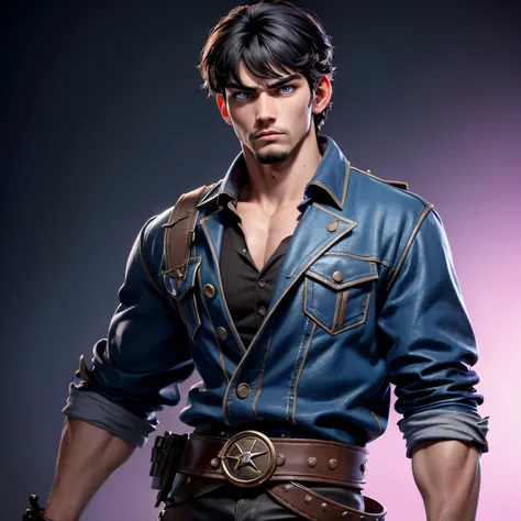 8k, masterpiece, best quality, realistic, higly detailed, cowboy shot, 1boy, solo, Fuutarou, young man, fair skin, black hair, bowl cut, two strands sticking up from the back of his head, bangs that cover his forehead, blue eyes, slim physique, tall build,...