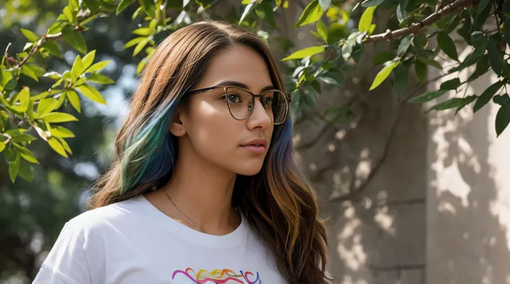 In the soft glow of a sunny afternoon on the college campus, um modelo confiante e vibrante com short, cabelo loiro adornado com as cores do LGBTQI+ espectro exala individualidade e orgulho. With fair skin and a pair of stylish glasses, ela adiciona um toq...