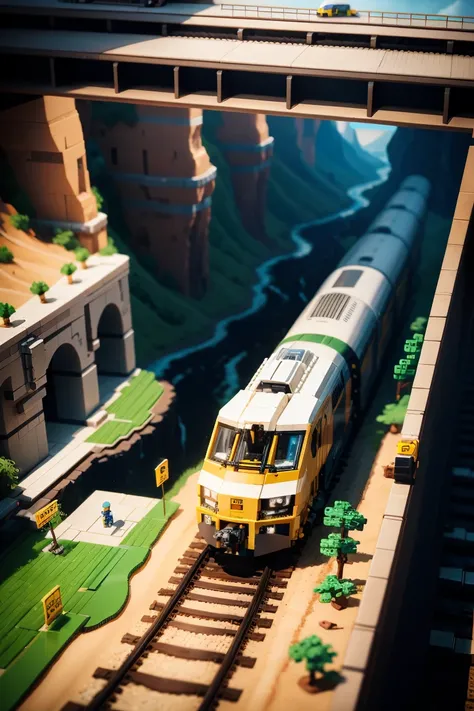 Lego, train, canyon, isometric, focus,