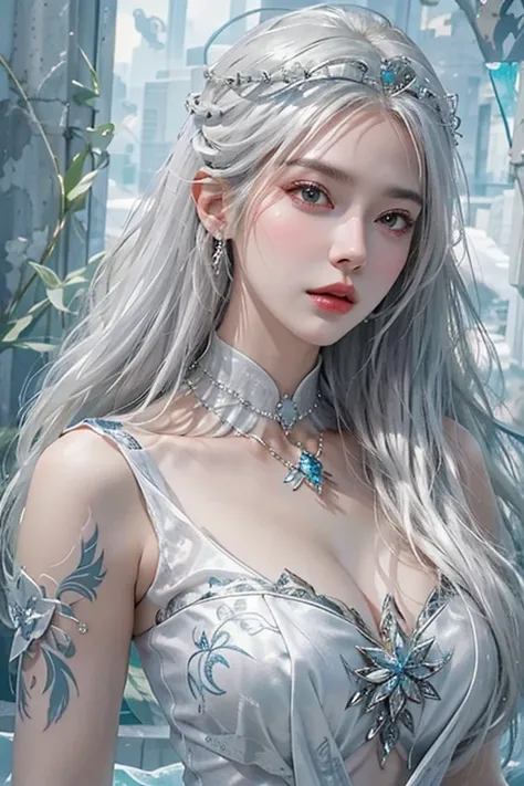 Photorealistic, High resolution, 1womanl, Solo, hips up high, view the viewer, (Detailed face), White hair, Long hair, Dress, ice queen, diadems, Jewelry, The tattoo