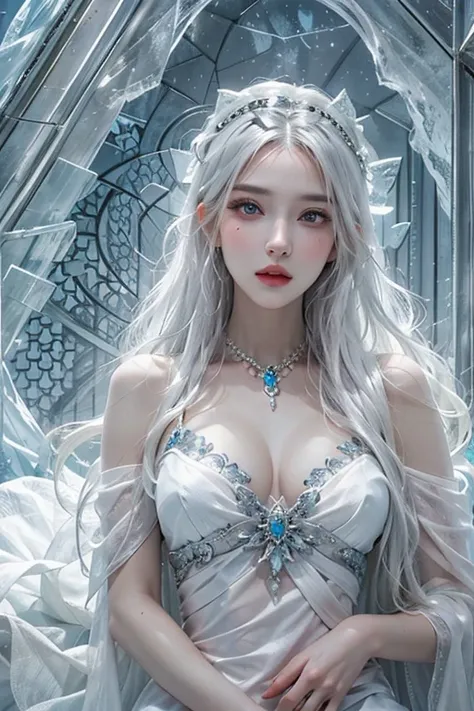 Photorealistic, High resolution, 1womanl, Solo, hips up high, view the viewer, (Detailed face), White hair, Long hair, Dress, ice queen, diadems, Jewelry, The tattoo