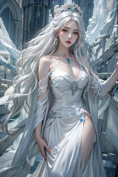 Photorealistic, High resolution, 1womanl, Solo, hips up high, view the viewer, (Detailed face), White hair, Long hair, Dress, ice queen, diadems, jewely,