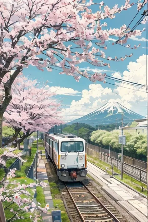 Chubu-Japan Railway、Japan countryside、A cinematic scene、Guibli、In the daytime、​​clouds,Best quality at best,Sketch style、the cherry trees