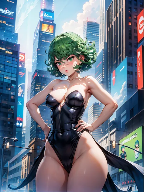 1girl, short green hair, green eyes, ((black strapless dress, thighs, standing, hands on hips, modeling, tsundere, in Time Square Avenue)), curvy figure, overlooking city, blush, day 

BREAK 

(((Masterpiece))), ((Highly detailed character)), ((perfect eye...