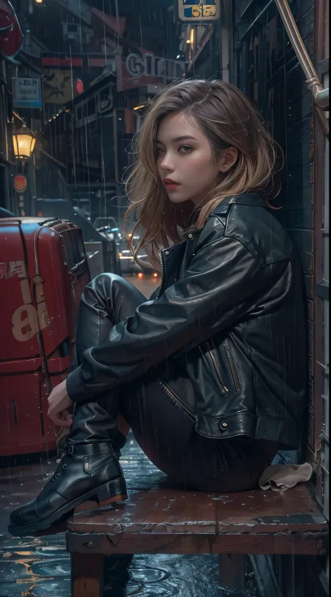 8k, top-quality, （pubic hair beauty）、hight resolution, 逼真, realperson, rainy backyard alley, London Style, Tangled, cinematic lighting soft lighting、A musician wearing a leather jacket is sitting and glaring at me.、a beauty girl、huge tit、beauty legs、