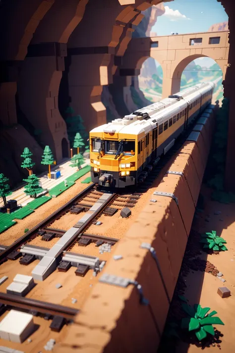 Lego, train, canyon, isometric, focus,