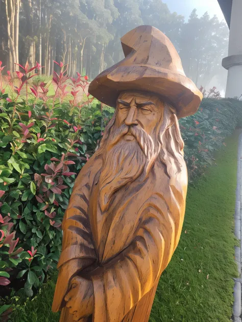 spiked statue of a man with hat and beard, wooden statue, Thematic Assistant, of an evil tree wizard, escultura em madeira, gandalf from lord of the rings, mago masculino, Retrato de um bruxo, escultura de madeira, escultura em madeira profissional, esculp...